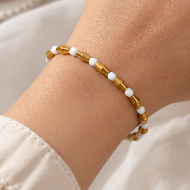 Golden White Bead Bracelet – Minimalist Gold-Tone Statement Bracelet