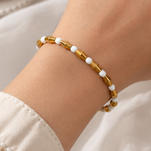 Golden White Bead Bracelet – Minimalist Gold-Tone Statement Bracelet