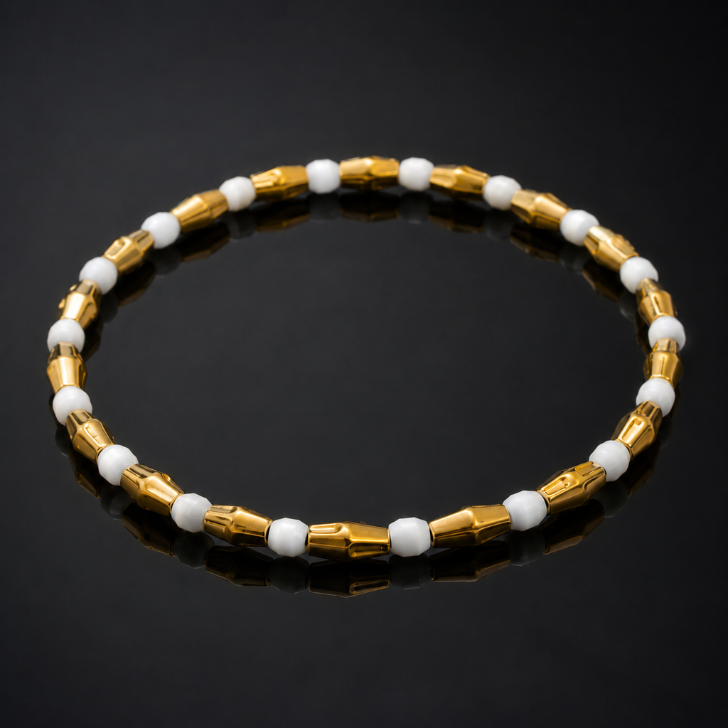 Golden White Bead Bracelet – Minimalist Gold-Tone Statement Bracelet